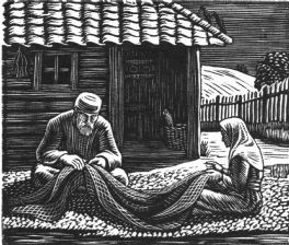 wood-engraving print: Mending Nets for The Bird Talisman